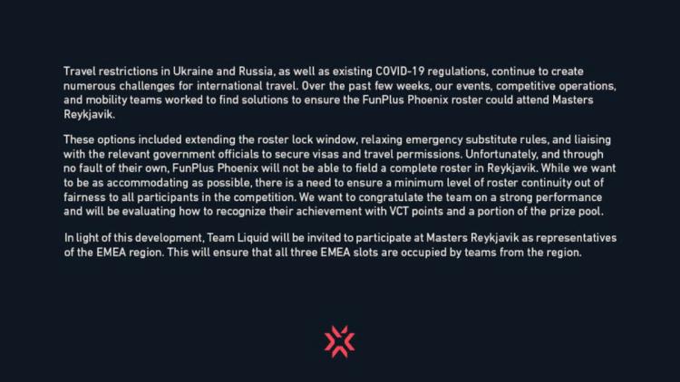 Team Liquid reemplazará a FunPlus Phoenix con VALORANT Champions Tour 2022: Stage 1 Masters - Reykjav ík