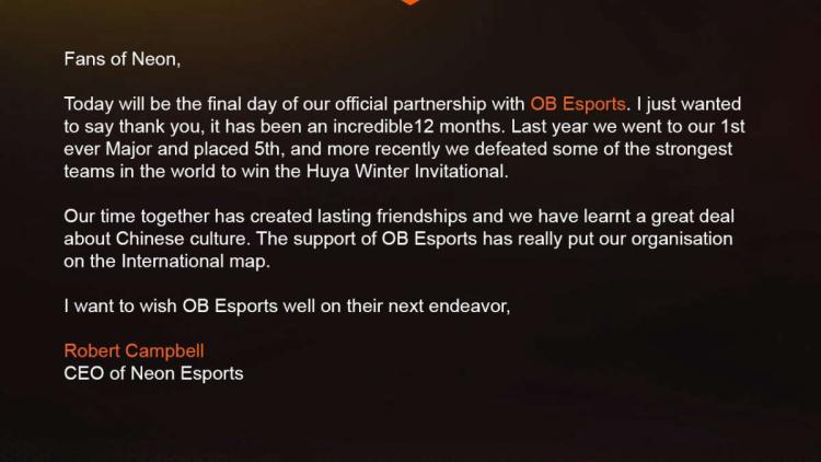 Neon Esports rompió con OB Esports