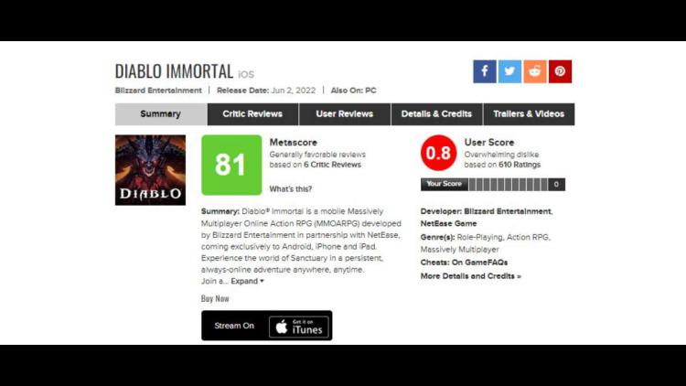 Diablo Immortal estuvo entre los 2 mejores juegos con la peor calificación en Metacritic