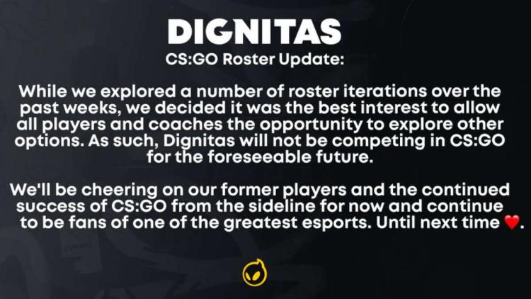 Dignitas disuelve su lista anterior y deja CS:GO