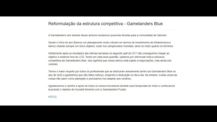 Gamelanders Blue anunció próximos cambios en su división Valorant-