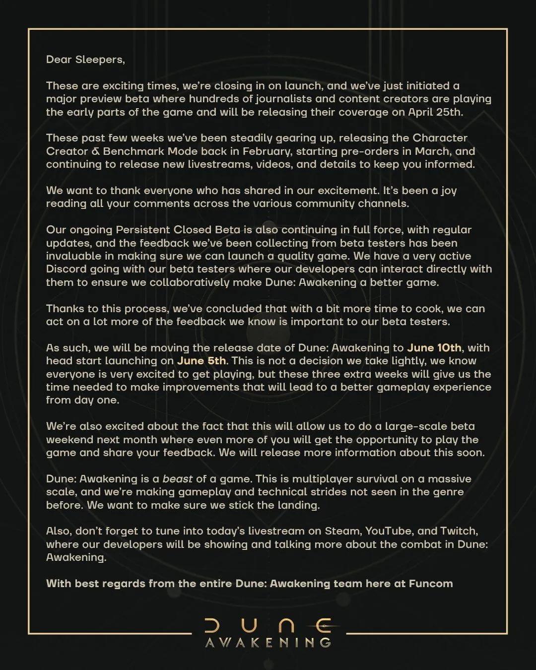 Dune: Awakening se retrasa hasta el 10 de junio