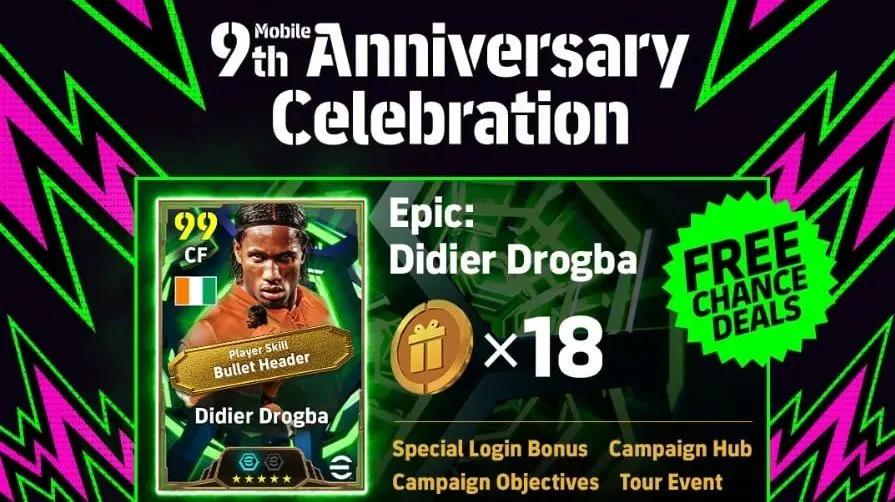 eFootball celebra su 9.º aniversario con una tarjeta épica gratuita de Didier Drogba.