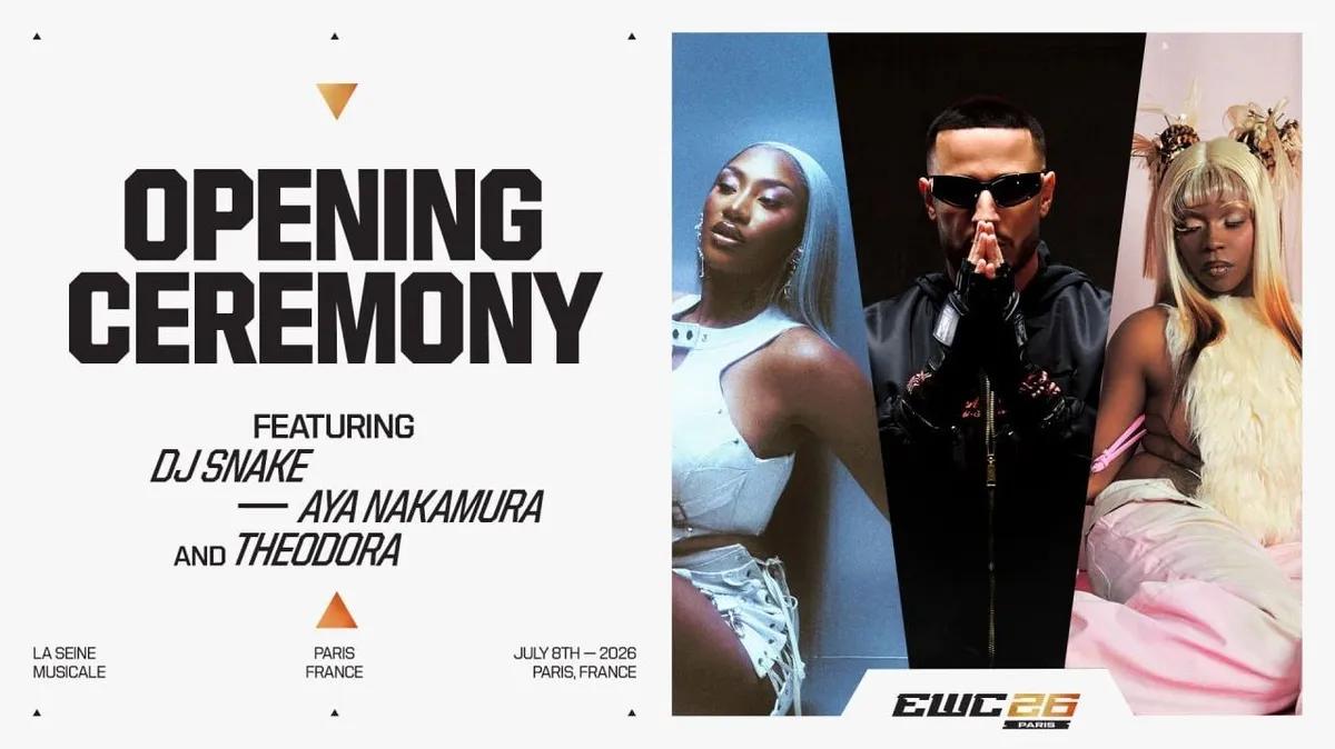 Aya Nakamura, DJ Snake y Theodora serán las figuras principales de la ceremonia de apertura de la Copa Mundial de Esports 2026.