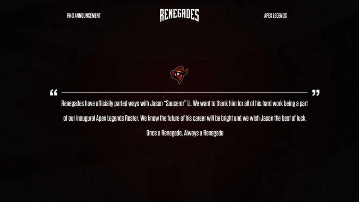 Sauceror dejó el equipo Renegades por Apex Legends