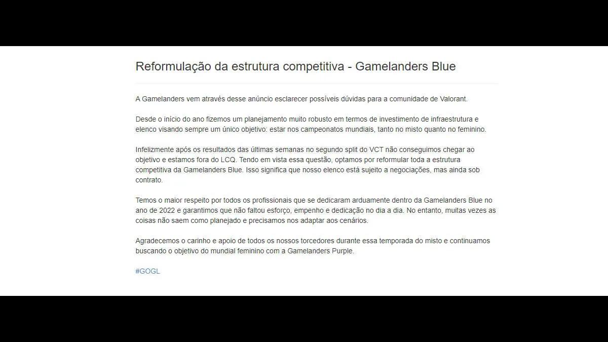 Gamelanders Blue anunció próximos cambios en su división Valorant-